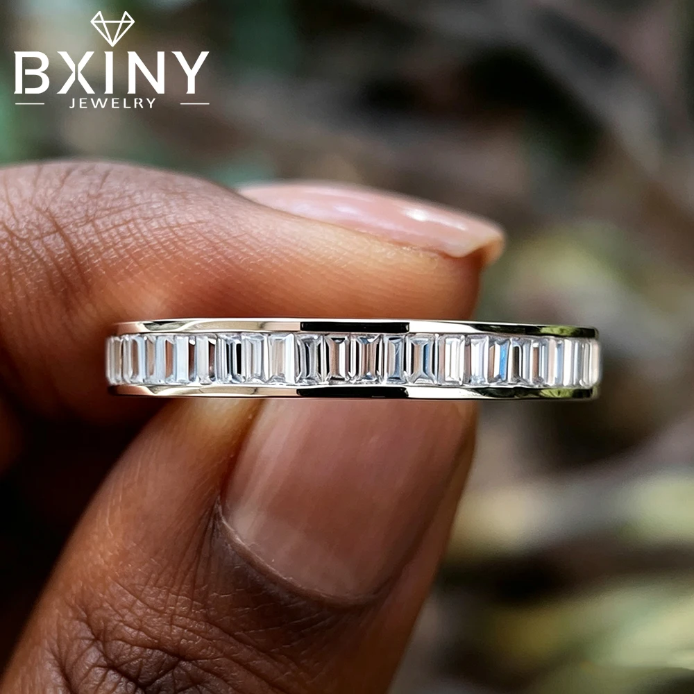BXINY Baguette Cut All Moissanite Rings Pure S925 Silver for Women Diamond Channel Setting Half Eternity Band Gifts Fine Jewelry