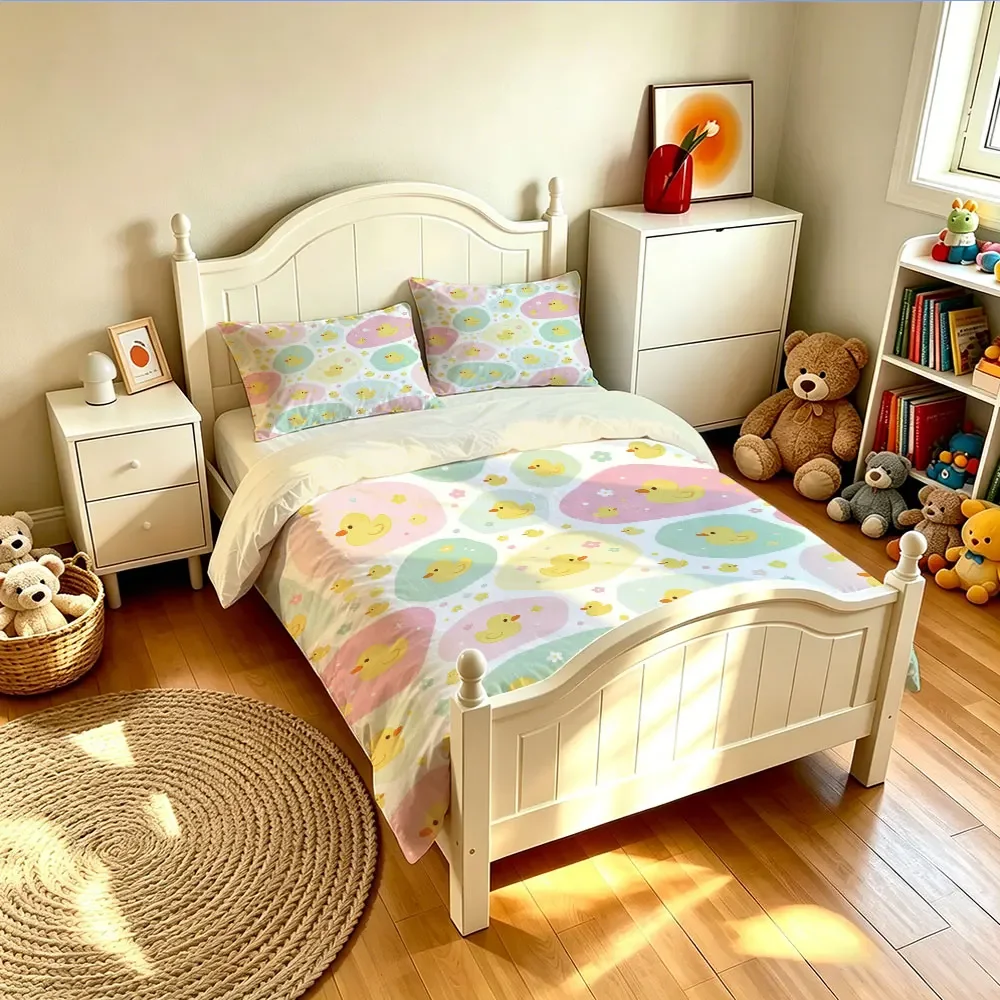 A 3-piece set of Macaron-colored small yellow duck bedding sets, which are coreless, soft machine washed bedding decoration