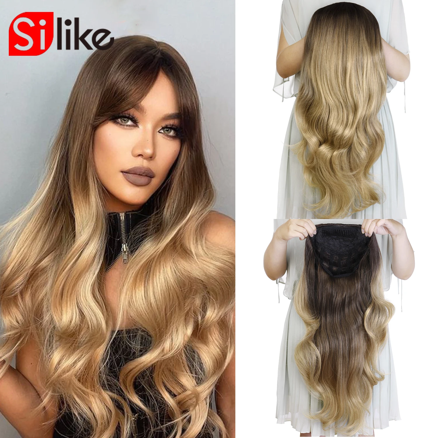 Silike 24Inch Synthetic 3/4 Half Wig Body Wave Clips Hair Extensions Ombre Ash Blonde Curly Wigs For Women 210g