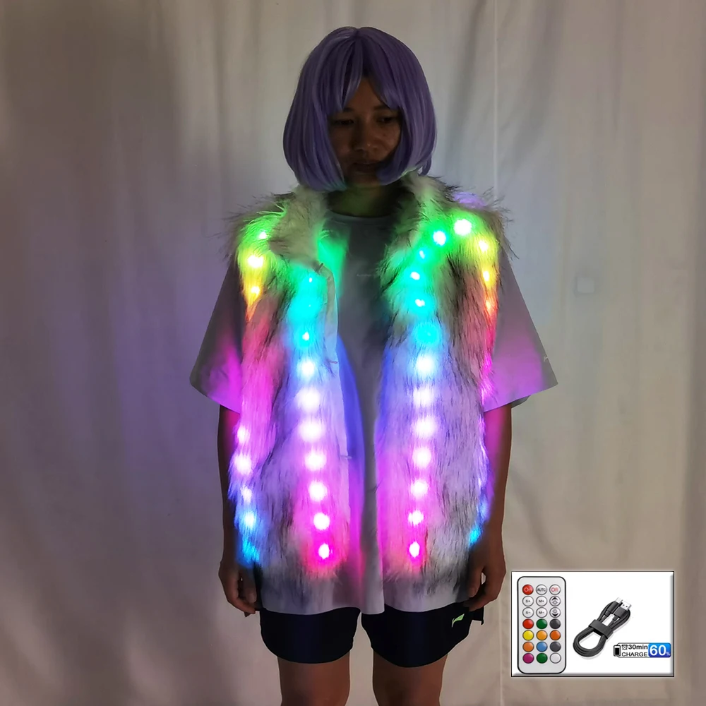 

LED Luminous Faux Fur Coat for Women Glowing LED DJ Costume for Nightclub Bar Dance Show Christmas Halloween Party Cospaly