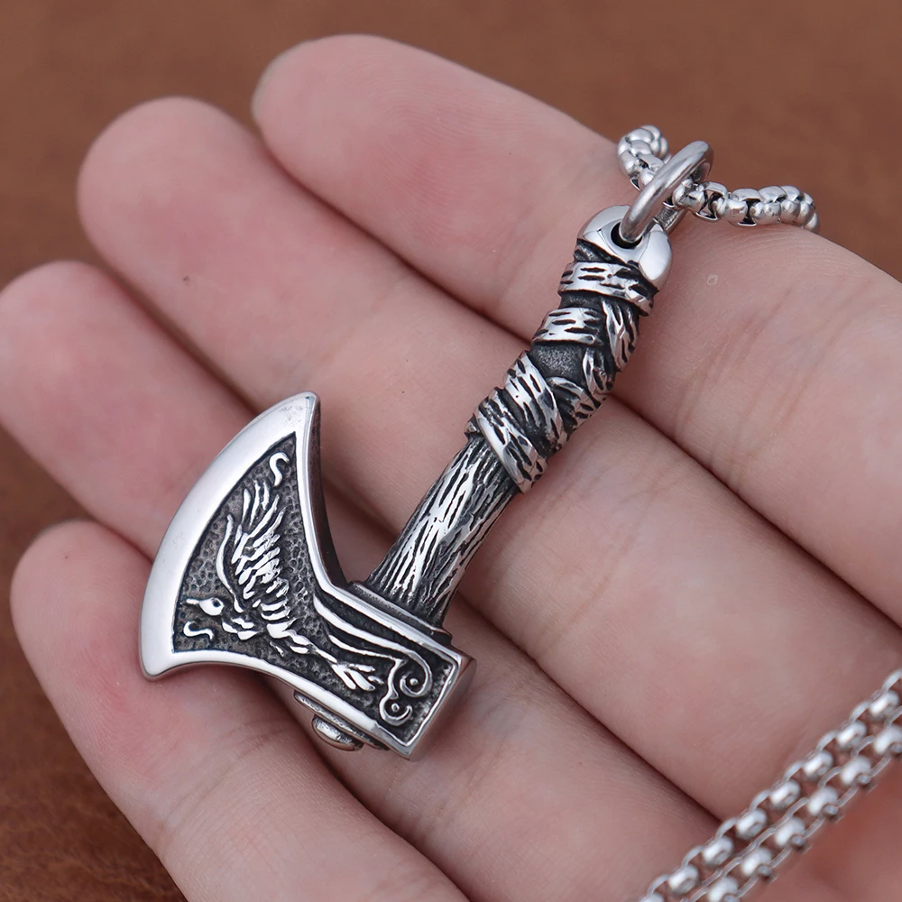 Retro Viking Wolf and Odin Crow Axe Pendant Boutique Stainless Steel Nordic Necklace for Birthday Gift Popular Jewelry Wholesale