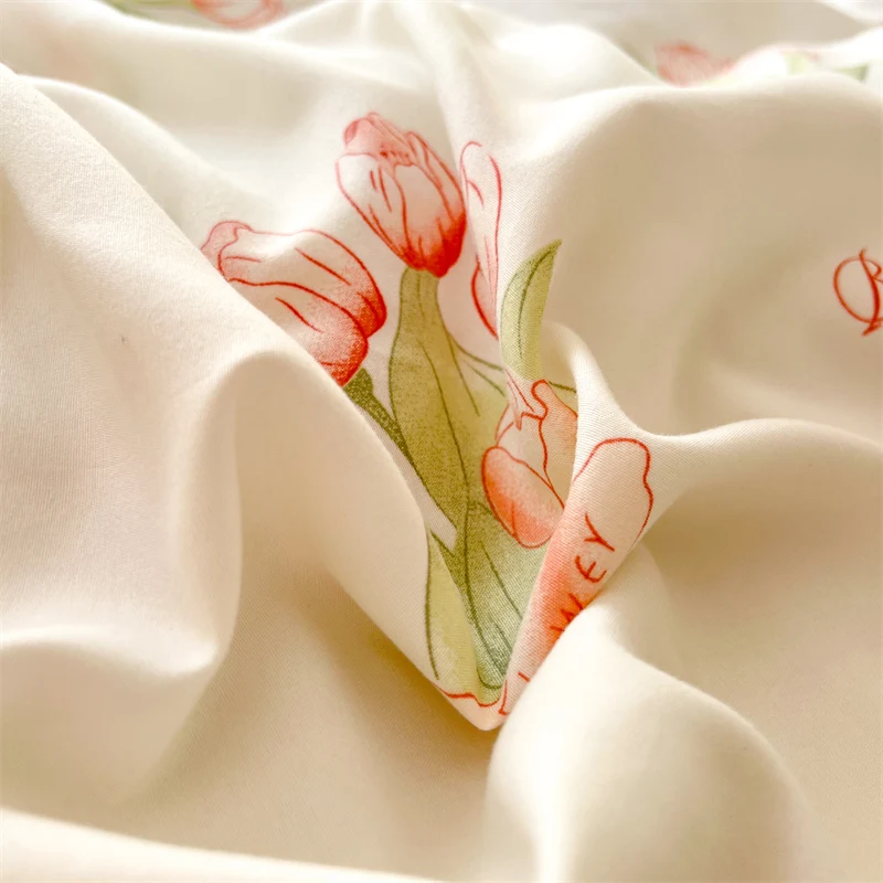3pcs Pink Tulip Duvet Cover Set, Girls Women Bedroom Plant Flower Decoration Queen Bedding, Letter Printing King Comforter Cover