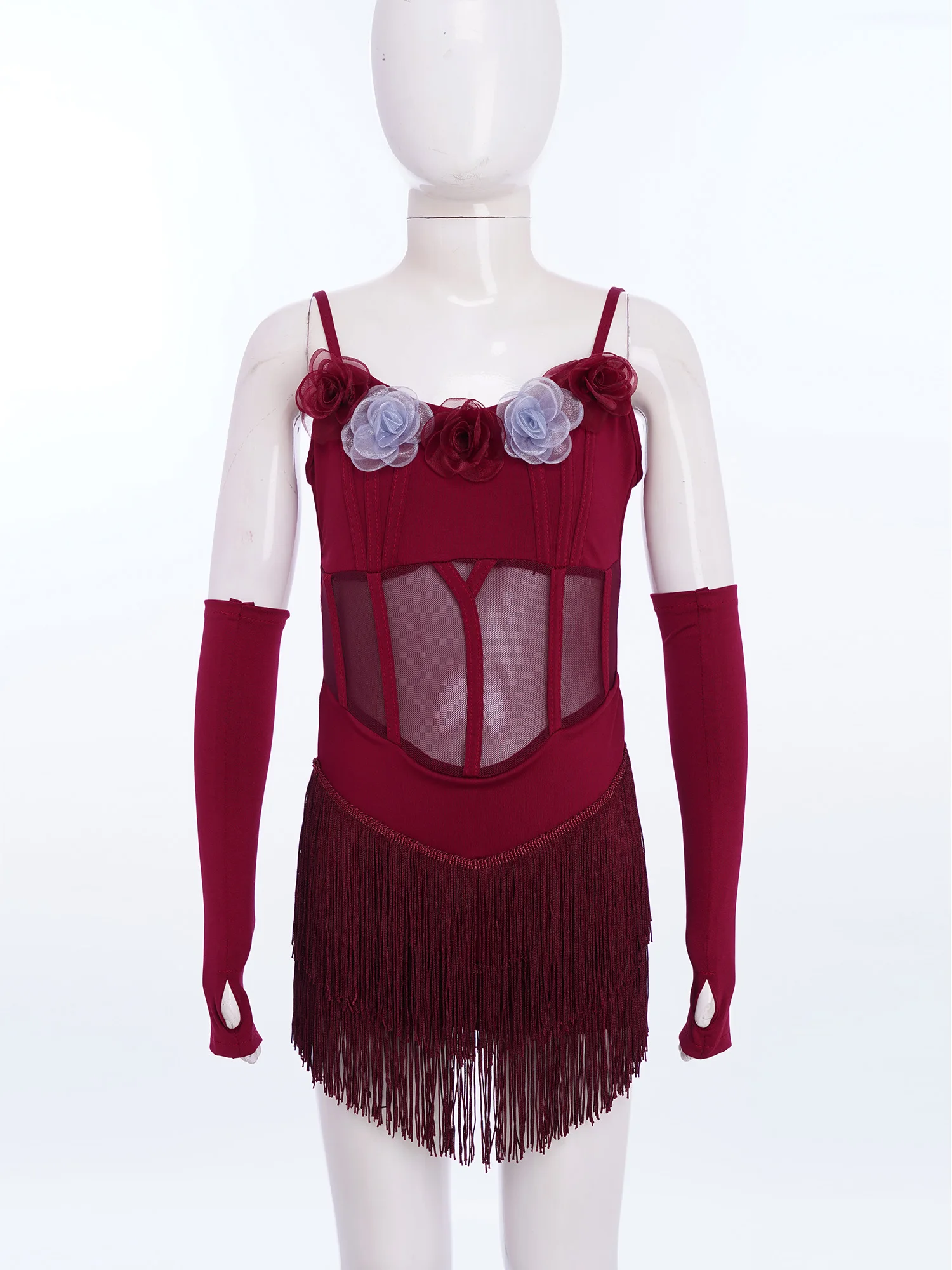 Kids Girls Latin Samba Rumba Dance Costume Dancewear Sleeveless Spaghetti Straps Mesh Patchwork 3d Flowers Tassels Dress+Gloves