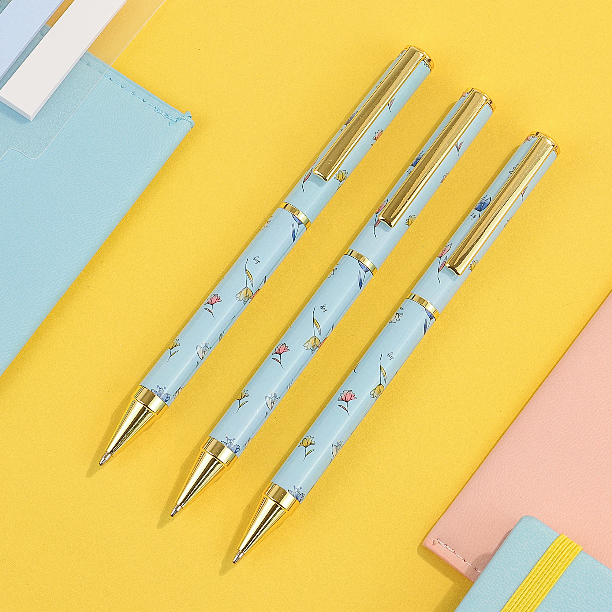 3Pcs Sky Blue Metal Ballpoint Pen,Lovely Floret Pattern,Pink Gift Box Pack,Office School Stationery,Gift,Writing Instrument