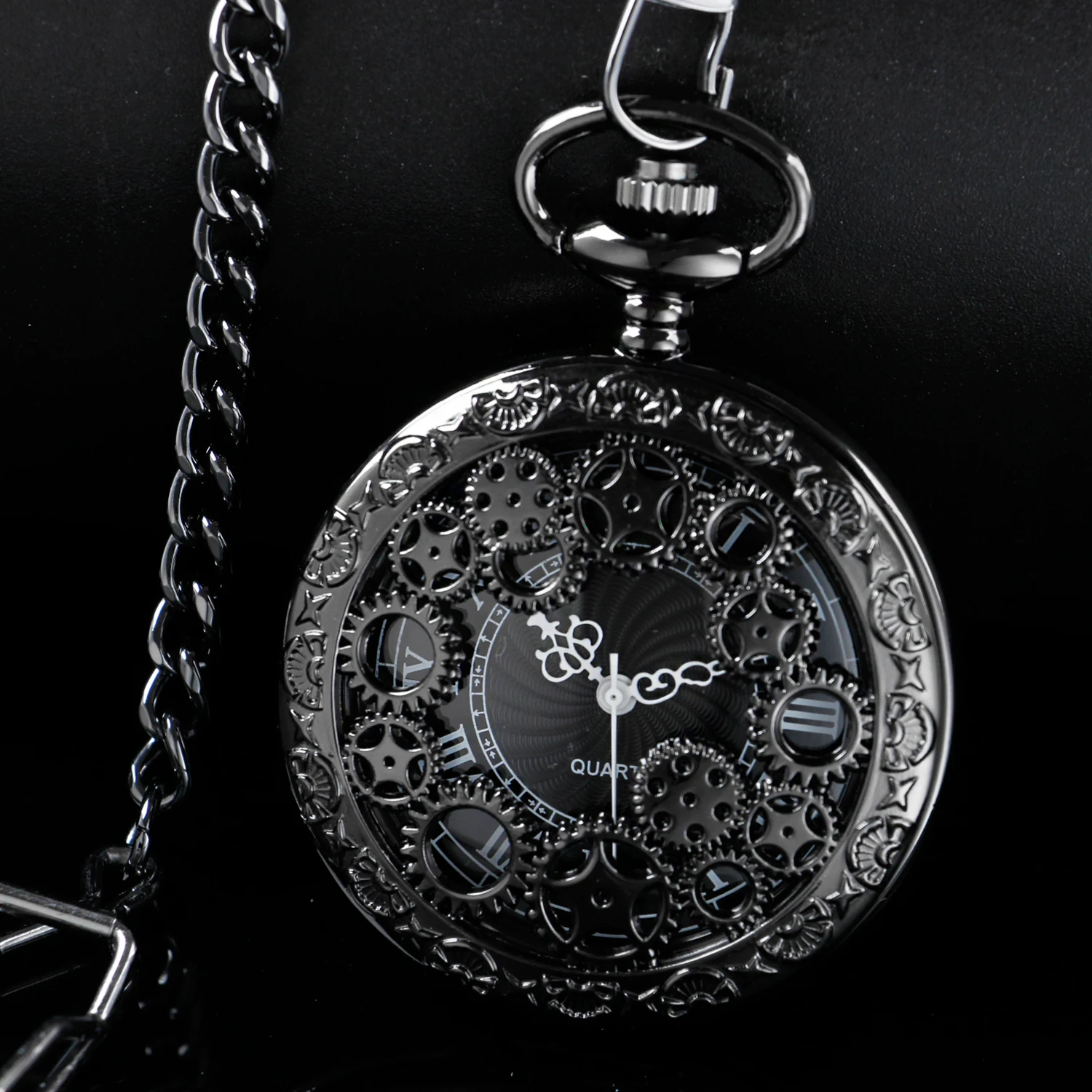 Steampunk relógio de bolso de aço para homens e mulheres, vintage, oco, preto engrenagem, quartzo, colar, pingente, relógio, corrente, CF1036