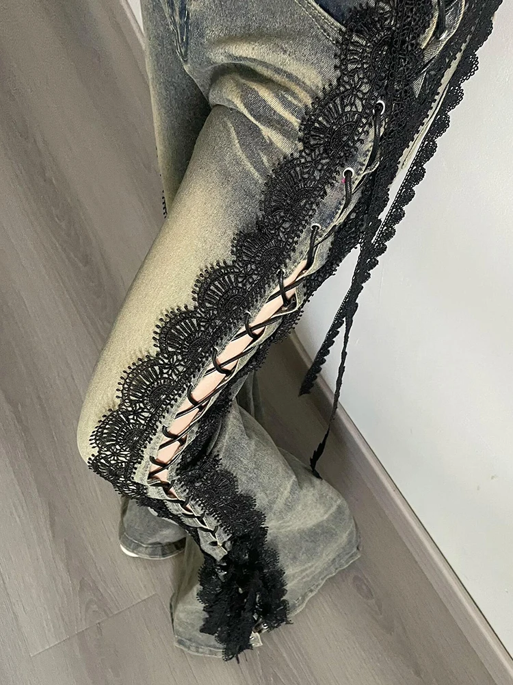 ReddaChic Bandage Low Rise Jeans for Women Y2K Vintage Slim Stretchy Lace Do Old Slit Denim Bell Bottoms Grunge Everyday Wear