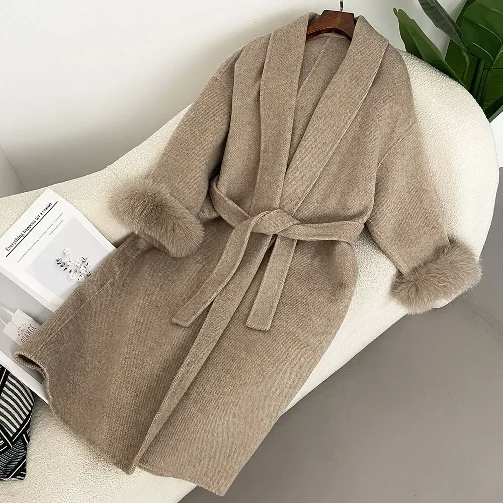 Removable Cuffs Fox Fur Temperament Cashmere High End Double-sided Wool Strapping Women Short or Long Jacket Real Wool Fur Coat