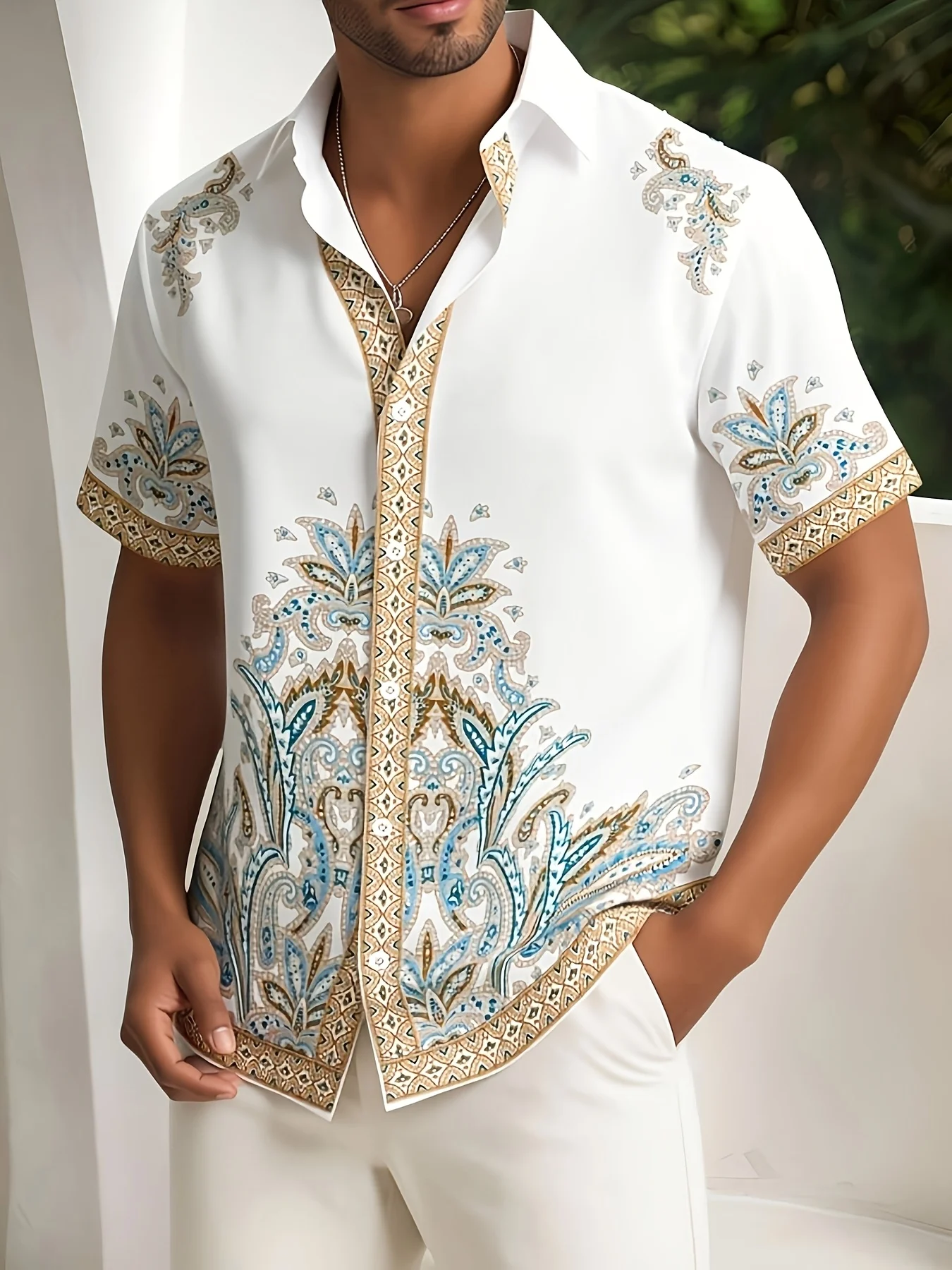Men Vintage Paisley Ethnic Print Short Sleeve Shirt Lapel Button‑up Holiday Beach Top