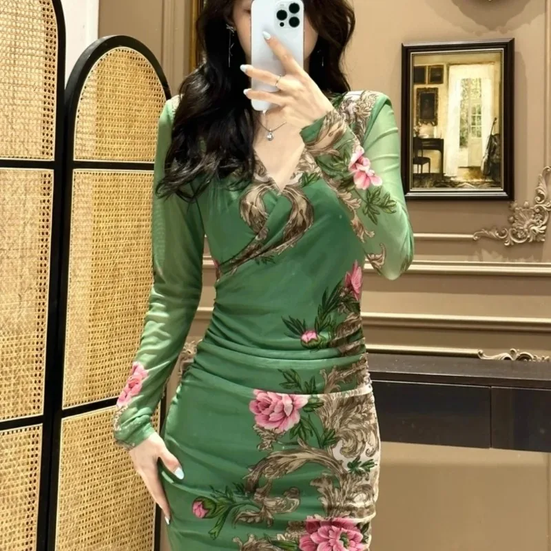 Feminine V-neck Long-sleeved Positioning Slimming Mesh Fashionable Wrap Long Skirt Dresses