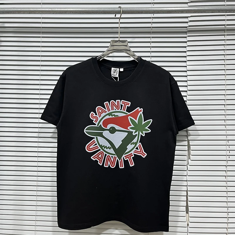 SAINT VANITY Cartoon Bird Logo Short Sleeve T Shirt Men Crew Neck Streetwear Tee
