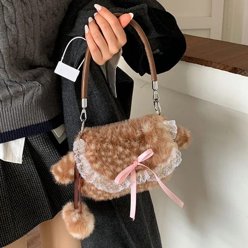 

Cute Plush Deer Spot Pattern Handbag Ins Underarm Shoulder Bag Commuter Bag Women's Handbags Fashion Versatile Autumn Winter New