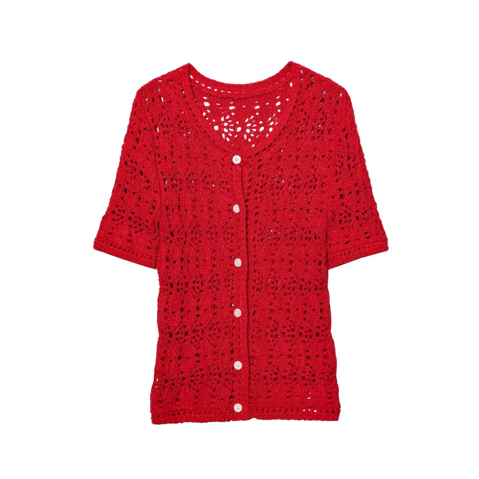 

ZBZA Women's Casual Versatile Round Neck Short Sleeve Hollow Single Breasted Solid Comfortable Cropped Knitted Summer New Jacket