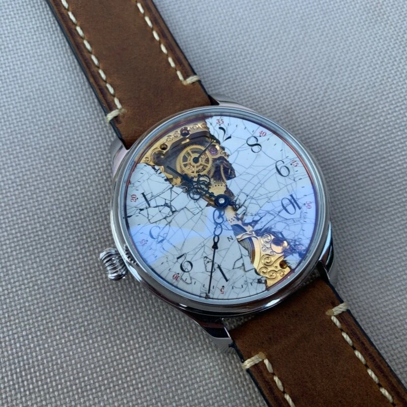 Retro Style Automatic Mechanical Watch Handmade Original Personality Niche Damaged Dial Leather Strap Watch