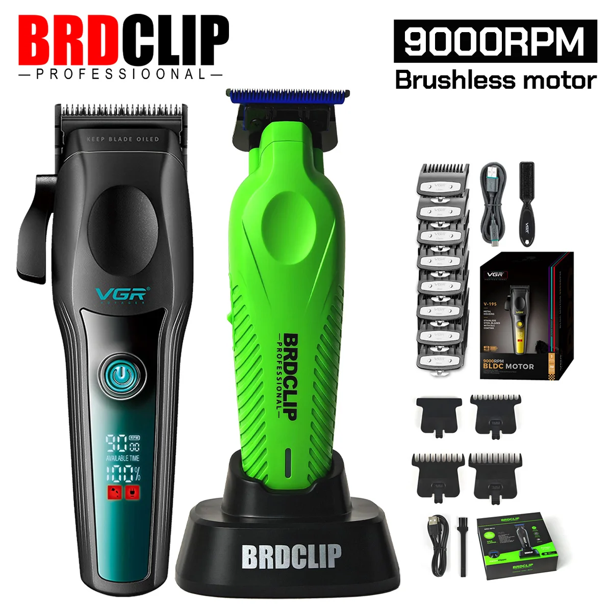 

Professional electric hair clipper 9000RPM brushless motor DLC Fade blade Hair trimmer blue blade wiht base Barber Set Machine