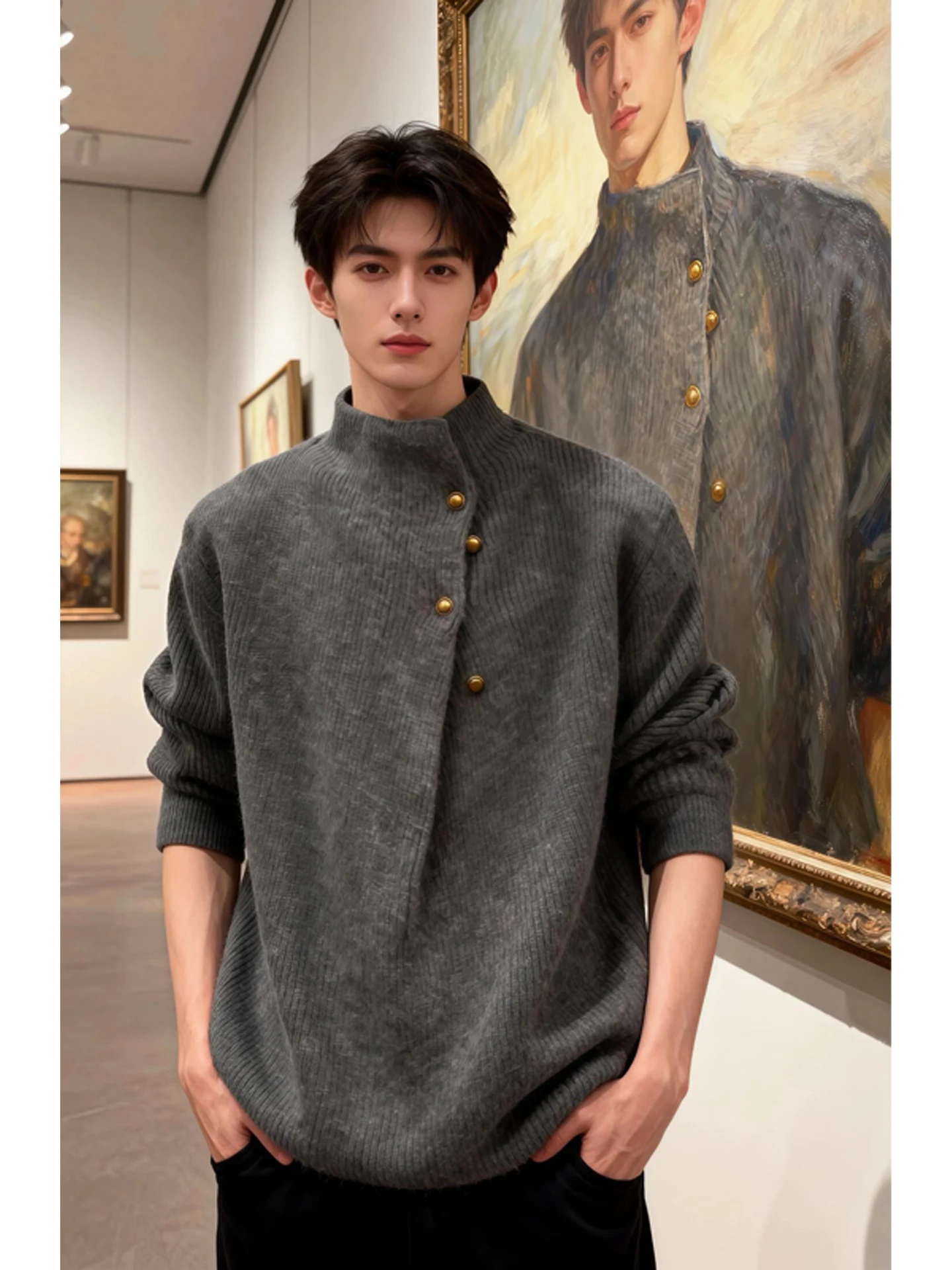 

Casual Sle Men's Knitted Sweater with Irregular Buttons Heavyweight Boting Woolen Clothes Stand Collar Winter Faion