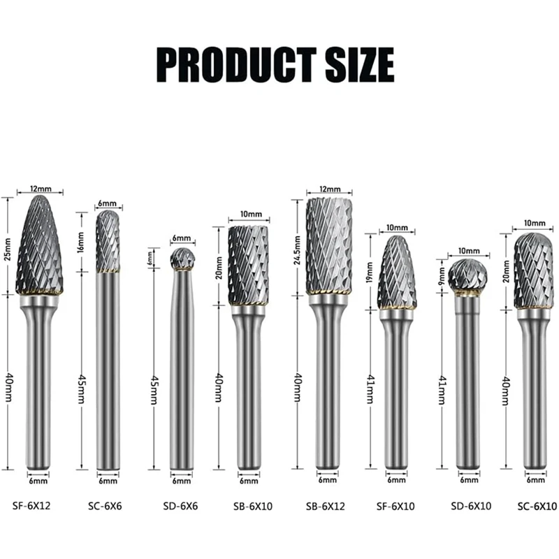ダブルカットディグラインダービット、研磨用カーバイドロータリーバリ、シャンクタングステンスチール、新品、8個、1 "、4"