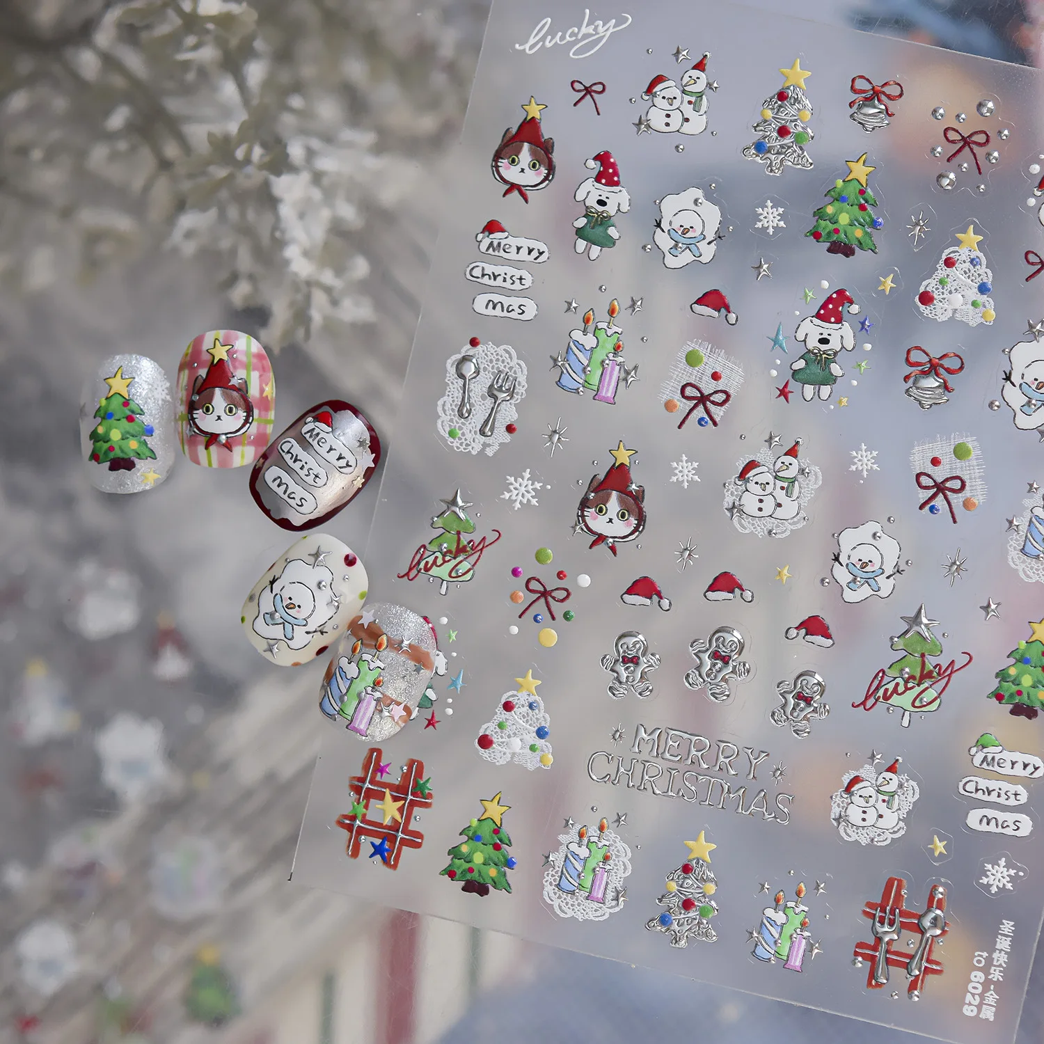 Winter Weihnachten 5D Nagelaufkleber Geprägte Cartoon-Katzen Hunde Schneemänner Weihnachtsbäume Geschenkboxen Schleifen Frohe Weihnachten Nagel-DIY Maniküre