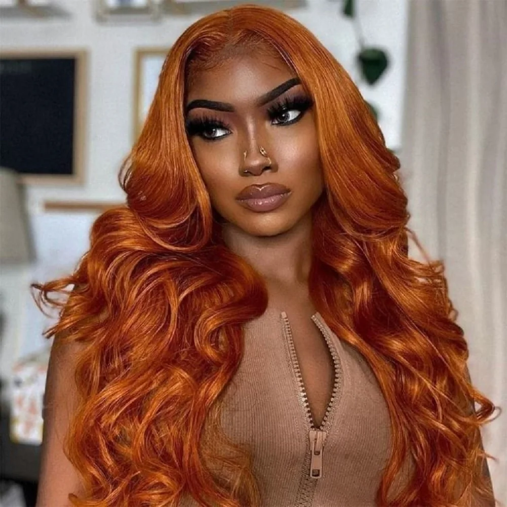 Ginger Orange Body Wave 13x6 Hd Transparent Lace Front Wig brazilian Human Hair for Women Colored Pre Plucked Natural Hairline