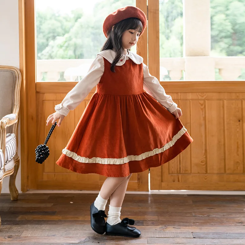 

Autumn Winter Children Girl Clothing Set Junior Girl Peter Pan Collar Shirt+Thicken Corduroy Strap Skirt Set For Girls 4-15Yrs