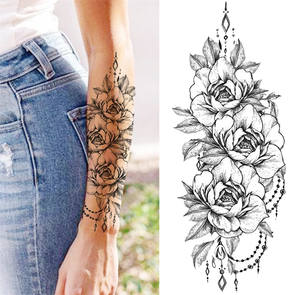 Black Peony Flower Pendant Temporary Tattoos For Women Adult Geometric Snake Whale Fake Tattoo Waterproof Body Art Tatoos Decal