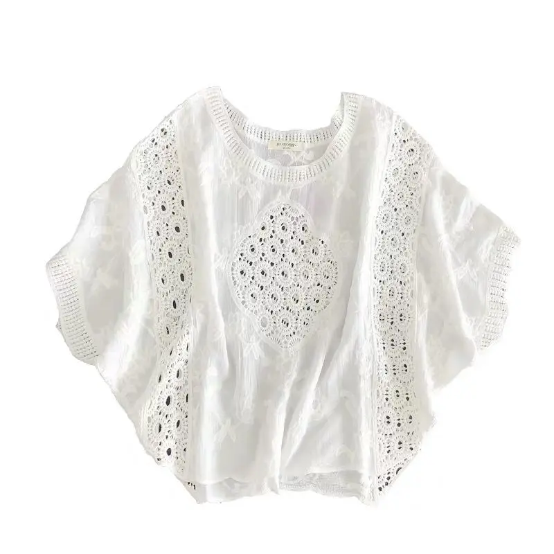 Mori Girl Style Solid Color Loose Blouse 2023 Summer Fashion Hollow Out Casual Round Neck Women\'s Clothing Lace All-match Shirt