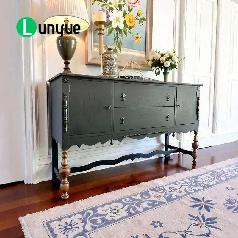 American Solid Wood Retro Porch Cabinet French Light Luxury Carved Drawer Storage Two Tone Wall Decor for Living Room Dining
