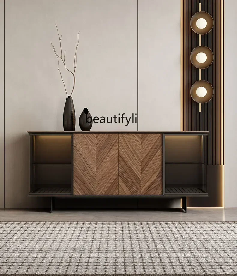 182Q Italian solid wood entrance walnut dining side wine cabinet living room glass storage display cabinet