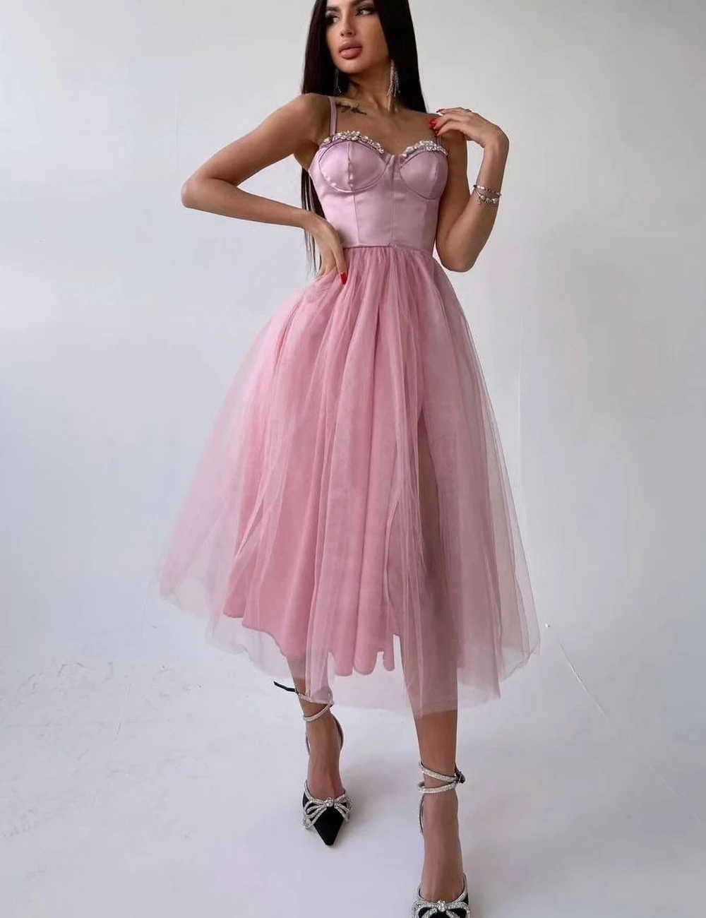 

Customized Sizes Available Net A-line Spaghetti Strap Midi Dresses Prom Dresses Classic Exquisite Modern Style Pastrol Unisex Ch