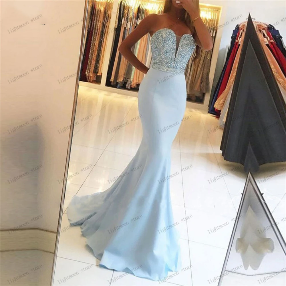 

Elegant Evening Dresses Satin Prom Dress Sequin Appliques Sleeveless Backless Robes For Formal Party Graceful Vestidos De Noche