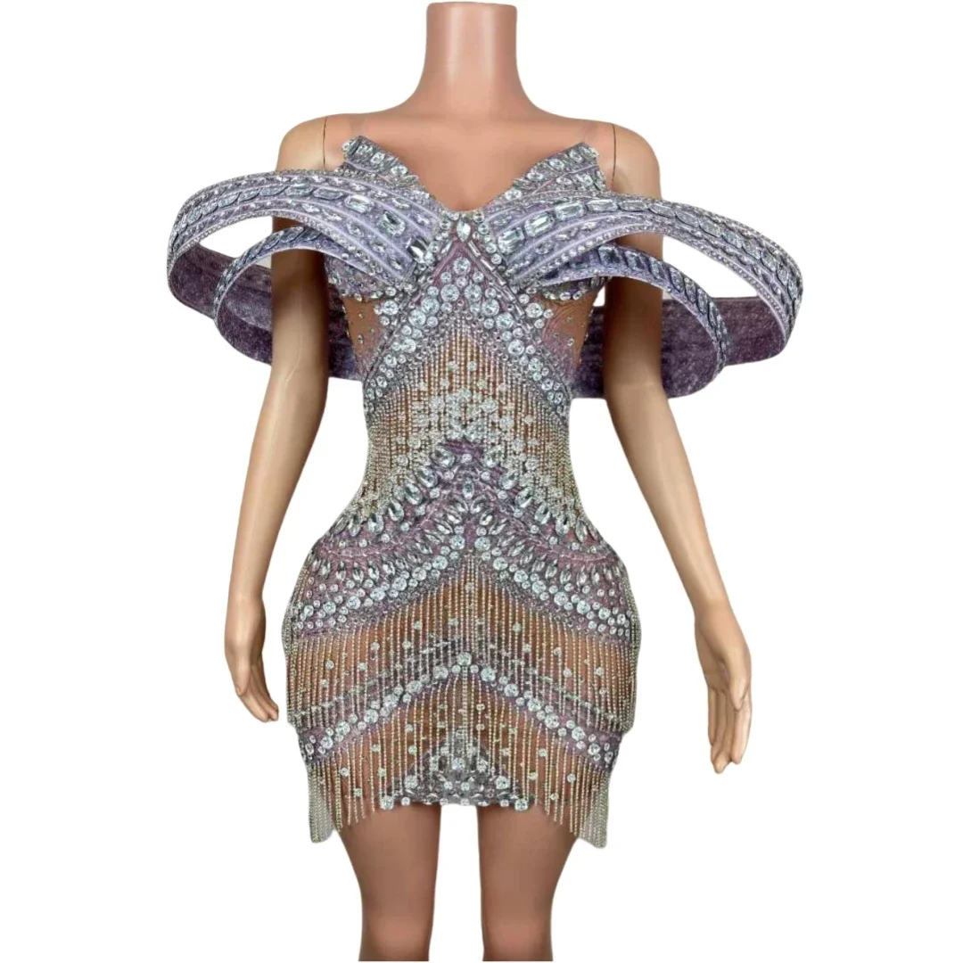 

Luxury Crystals Rhinestone Fringe Sparkly Dress For Women Birthday Celebrate Singer Stage Performance Wear Drag Queen Outfit