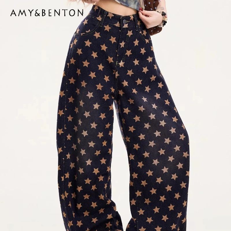 

American Design Casual Star Full Print Women's Long Jeans 2026 New Loose Wide-leg Street Retro Age-reducing Floor Pants Ladies