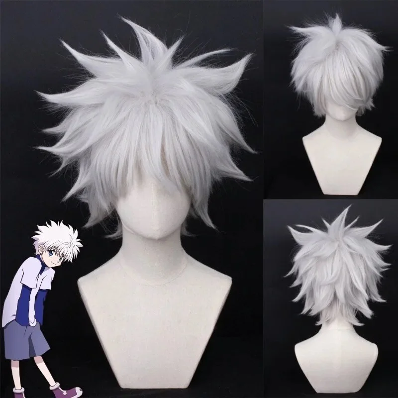 

Аниме Killua Zoldyck Косплей 30 см короткий серебристо-белый парик термостойкий