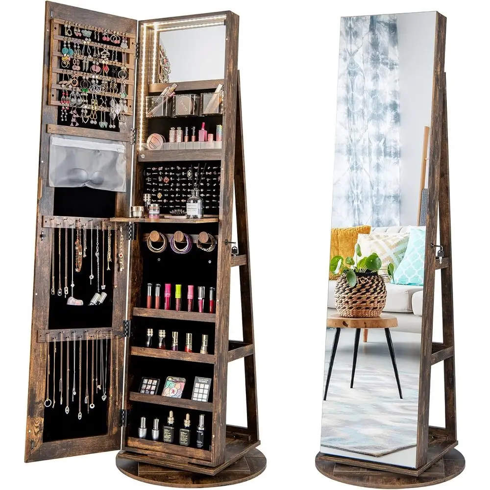 

Вращающийся шкаф для украшений с запираемым отделением для хранения, зеркалом в полный рост и светодиодной подсветкой, в деревенском стиле, коричневый, для женской спальни