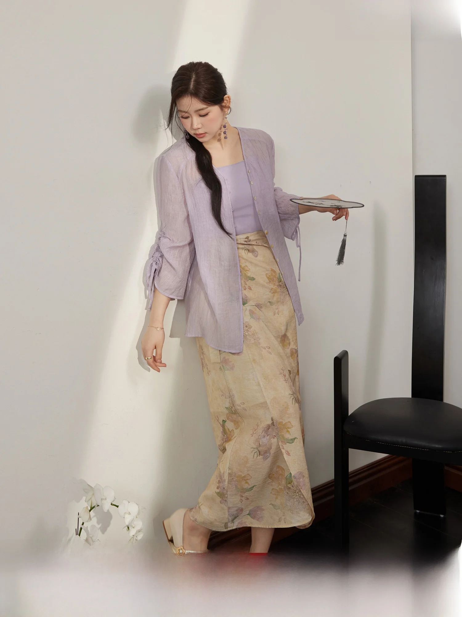 

Blue Language plus Size Summer Outfit Slimming New Chinese Style Loose Cardigan High Waist A-Line Skirt V-Neck Three-Piece Set