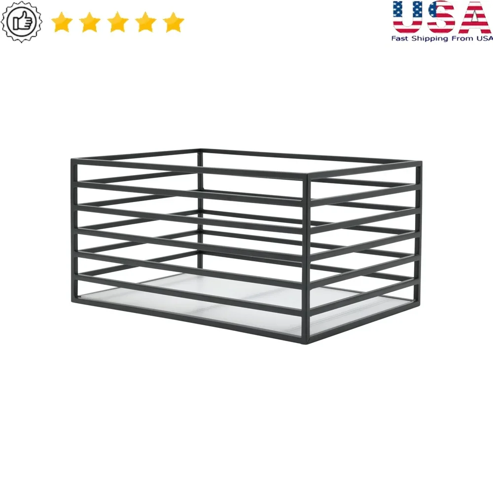 

Ribbed Metal Storage Basket Matte Black Wire Frame Organizer Home Clutter Control Removable Base Compact Modern Design