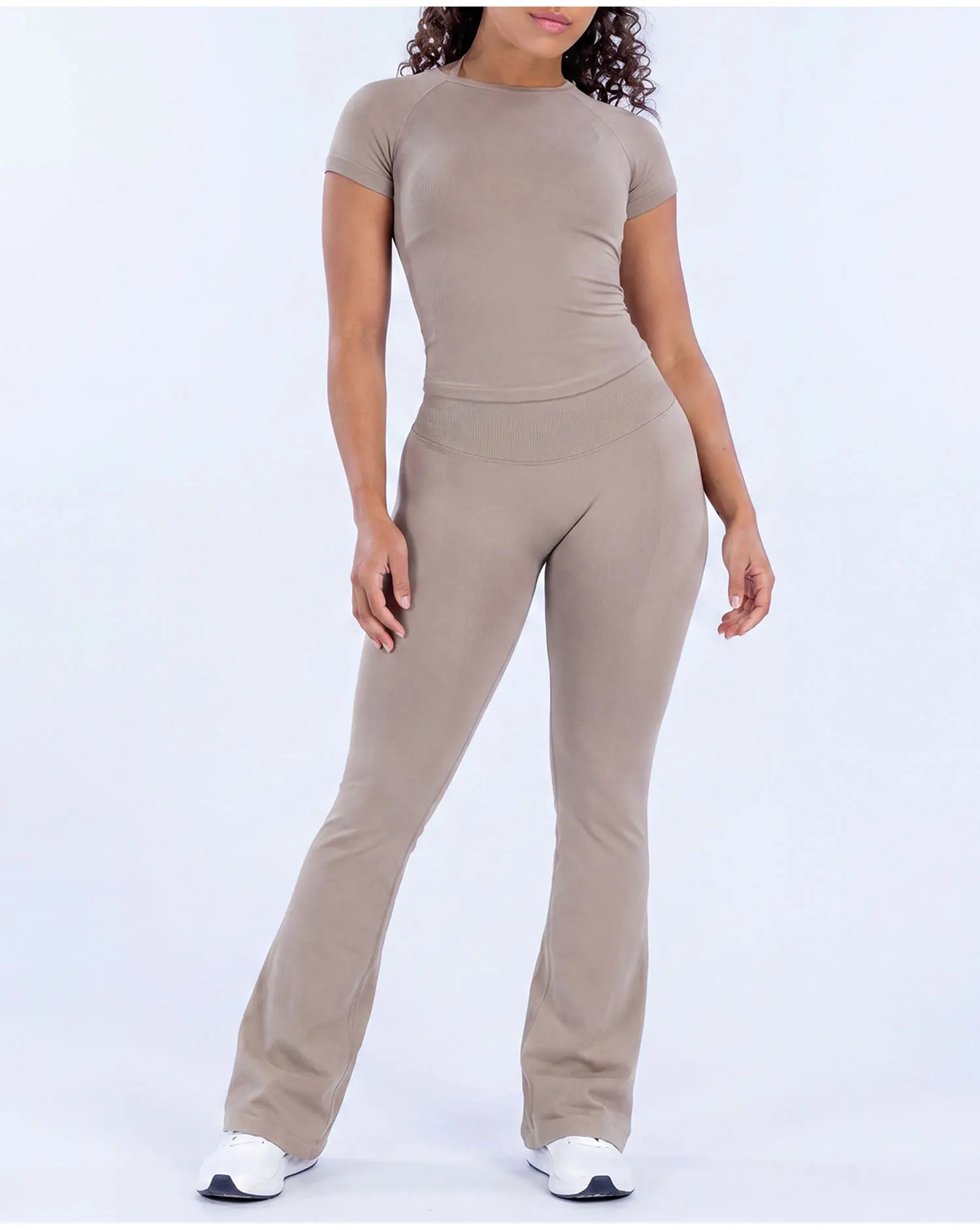 DF2YNELOG2O 2Pcs Set Women's Fitness Short-Sleeved Leggings Seamless Fitness Yoga Trousers Anti-Squatting Fashion Flared Pants