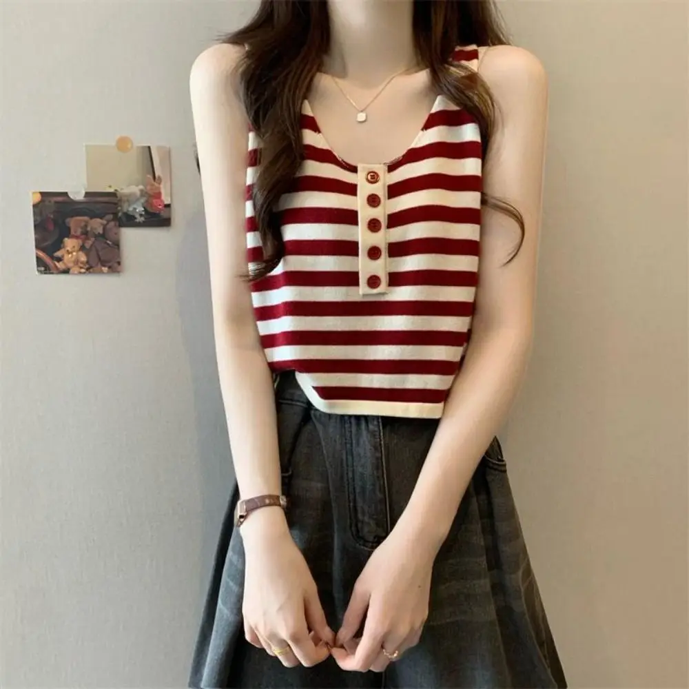 

Casual Patchwork Striped Camisole U-neck Button Decoration Summer Tank Vest Top Undershirt Sleeveless Women Crop Top Girl