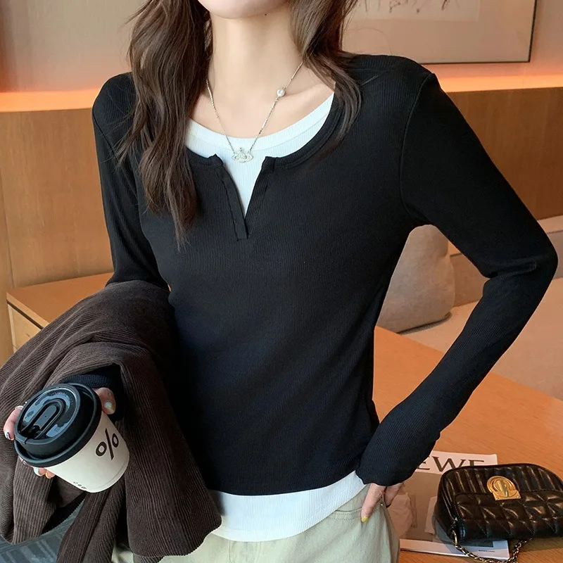Faux Two Piece Women's Long Sleeve Tops Slim Fit Fall Layering Tee Chic Round Neck Basic Shirt
