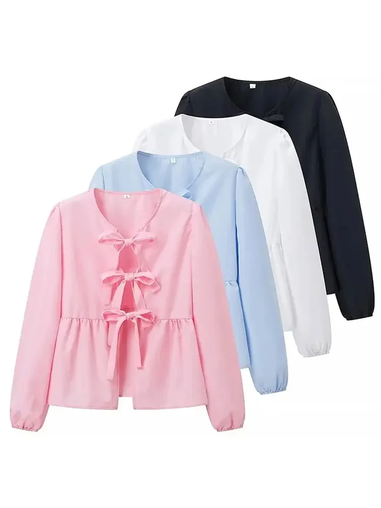 HH TRAF Summer Fashion Woman Bow Tied Lace Up Shirts Casual Puff Short Sleeves Blouse Elegant O-neck Ruffle Solid Color Tops