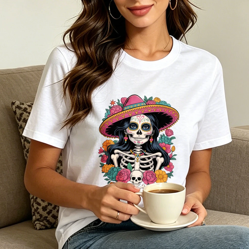 Sugar Skull Girl Printing Tshirt Floral Calavera Dia de los Muertos Graphic T Shirt Bohemian Style Day Of The Dead Unisex Tee
