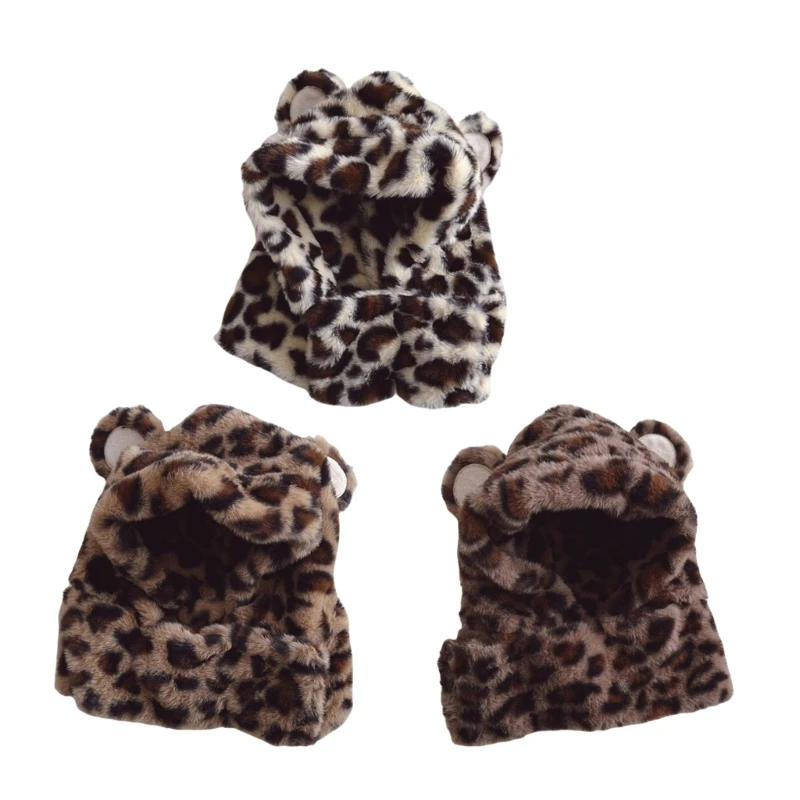 

N80C Leopard Print Plush Caps Children Outdoor Traveling Ear Warm Hat