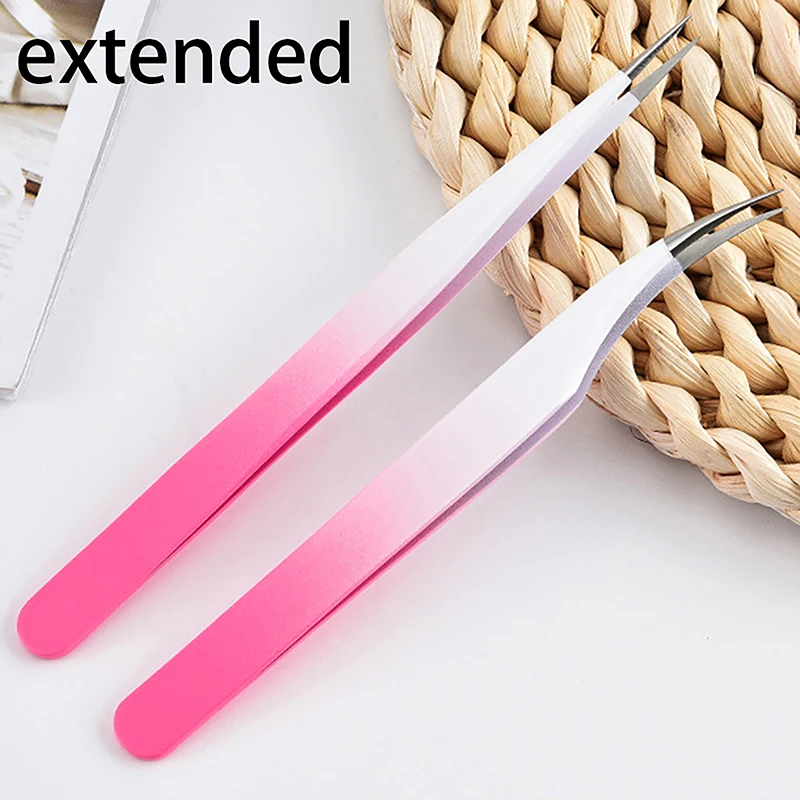 Pinça extensora de cílios, feita de aço inoxidável, alta precisão, antiestática, com pontas de fibra, cor rosa e vermelho