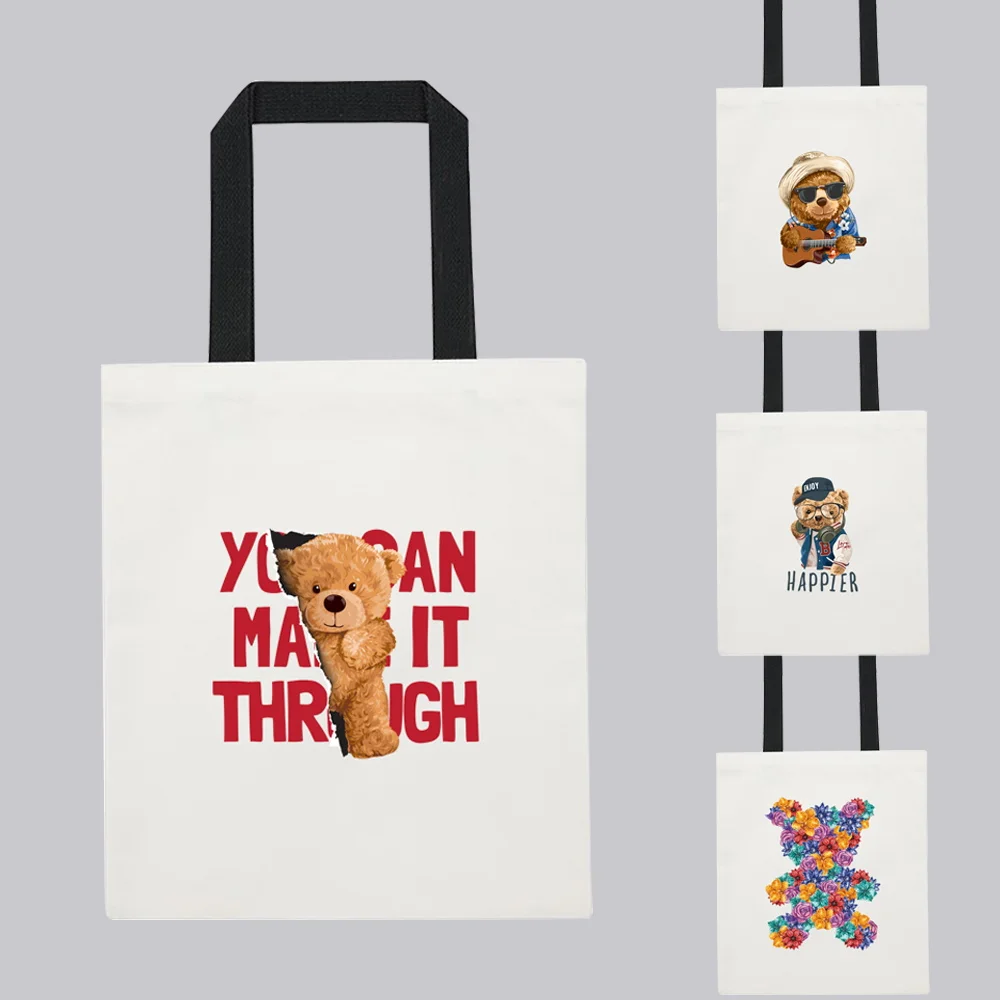 

Women Eco Shopping Bag Cute Cartoon Teddy Bear Series Graphic Print Shopper Shoulder Bag Bolsa Canvas White Tote Bag Handbags