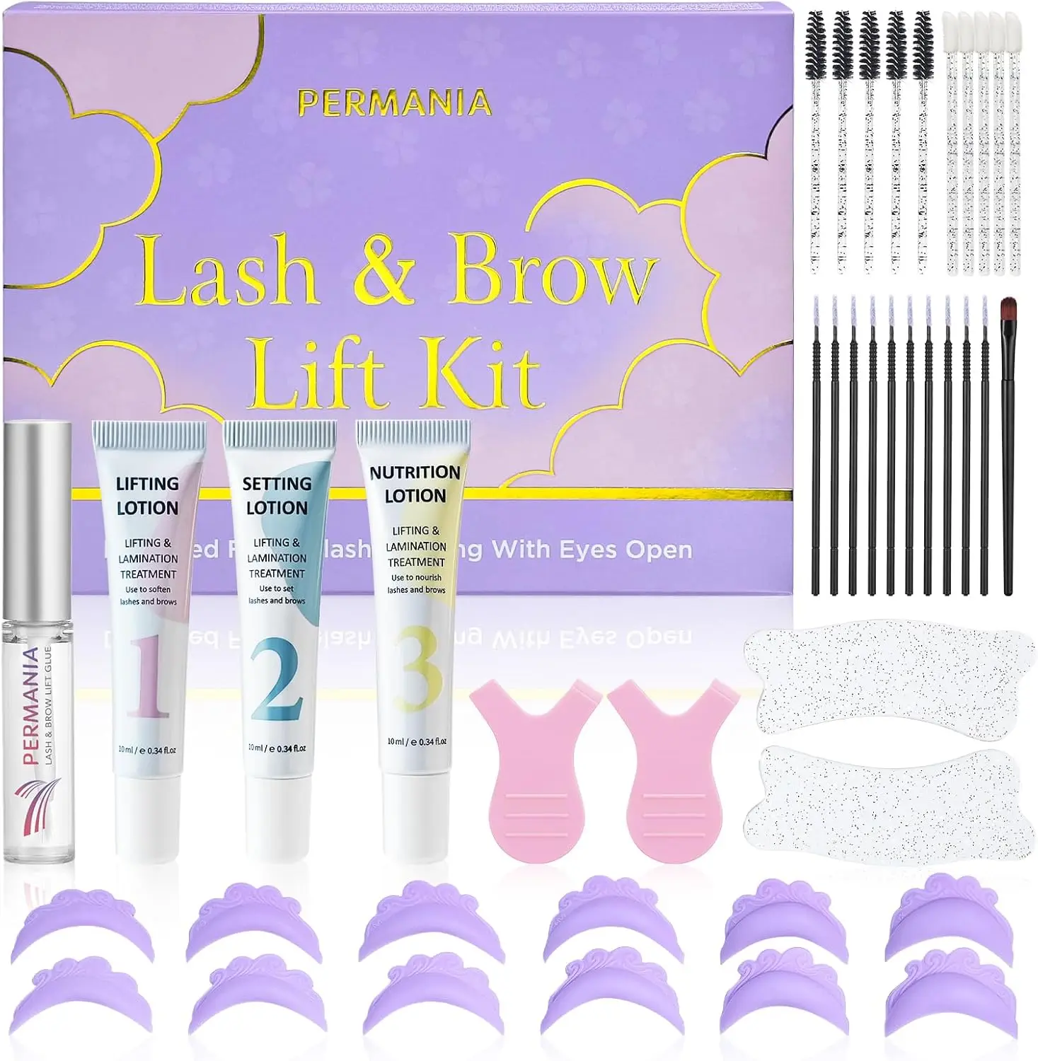 PERMANIA New Eyelash Lift Kit 2-in-1 Korean Eyelash Lift and Eyebrow Laminating Kit With Open Eyes Silicone Shields Soft Formula