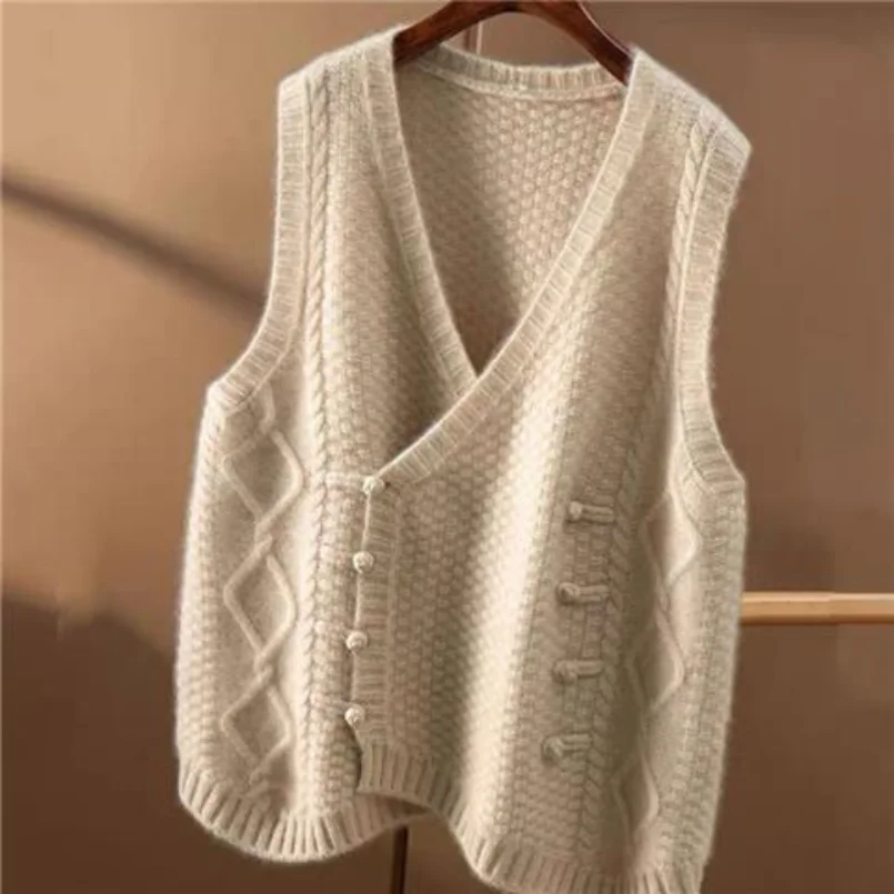 Retro Double Breasted Knitted Cardigan Vest Women\'s Spring and Autumn V-neck Sleeveless Sweater Tank Top Overlay Loose Top