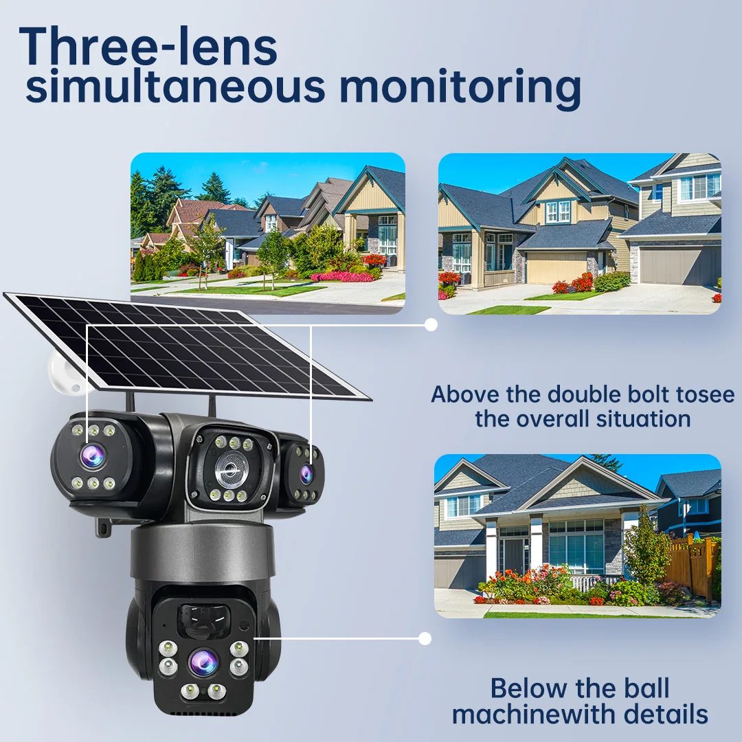 V380 15MP 4G SIM Solar Camera Outdoor Triple Lens Three Screen Two-Way Audio Auto Tracking Security Camera CCTV PTZ Surveillance