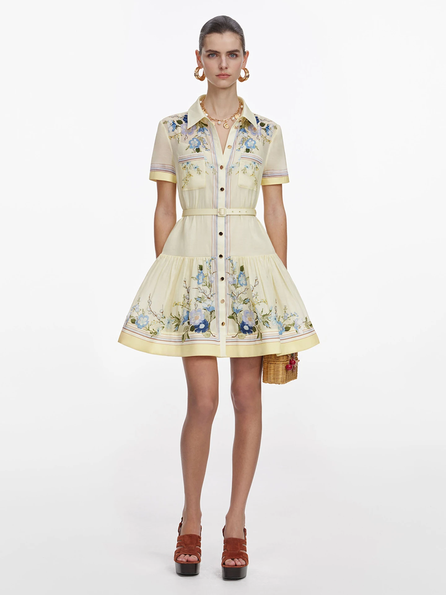 

VGH Summer New Floral Print Waist Belted Dress Cross-Border Holiday Fashion Elegance Short Skirt A-Line Silhouette Polyester ...
