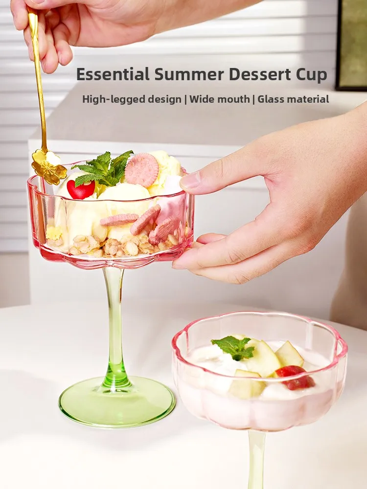 Breakfast Glass Cup High Footed Ice Cream Bowl Milkshake Bowl Yogurt Oats Ins Style  Printed Single Layer Cylinder Cup