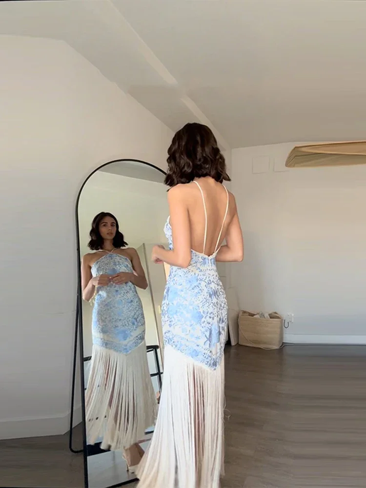 Długa Sukienka Damska z Frędzlami, Dekolt typu Halter, Bez Rękawów, Odkryte Plecy, Satynowa Sukienka na Ramiączkach, Szlafrok, Nowa Elegancka Sukienka na Imprezę, Lato 2025