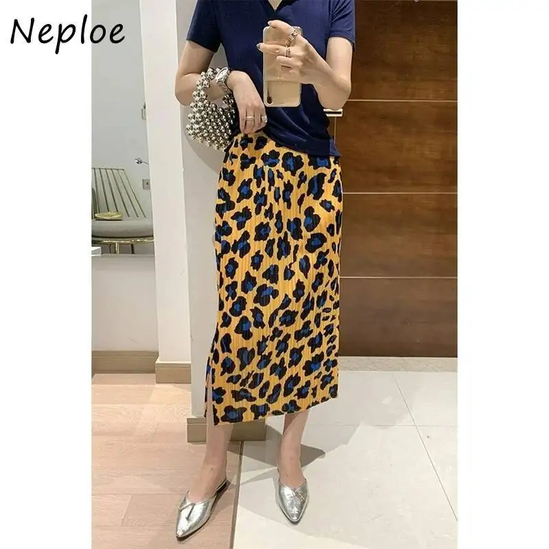 

Леопардовая юбка BabYoung с высокой талией, 2021, корейская летняя офисная женская элегантная простая универсальная юбка с разрезом, плиссированная тонкая Mujer Faldas